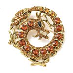 Alloy Rhinestone Lapel Pin Brooches, Dragon, Antique Golden, Topaz, 64x55mm(RB-CBAE32B-02AG)