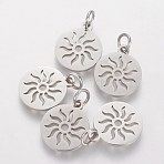 Non-Tarnish 304 Stainless Steel Pendants, Flat Round with Sun, Stainless Steel Color, 14x12x1.1mm, Hole: 3mm(STAS-Q201-T449S)