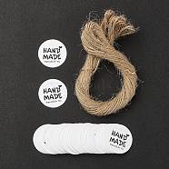 100Pcs Paper Gift Tags, Hange Tags, with Hemp Rope, for Arts, Crafts and Food, Flat Round with Word HAND MADE, White, Tag: 3cm, about 101pcs/bag(CDIS-YW0001-11B)