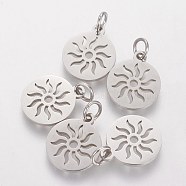 304 Stainless Steel Pendants, Flat Round with Sun, Stainless Steel Color, 14x12x1.1mm, Hole: 3mm(STAS-Q201-T449S)