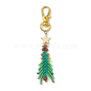 Christmas Tree Glass Seed Beads Pendant Decoration, Natural Red Jasper and Alloy Swivel Clasps Charm for Bag Ornaments, Golden, 92mm(HJEW-MZ00070)