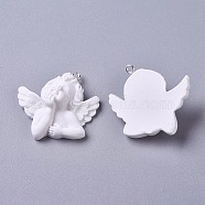 Resin Pendants, with Platinum Plated Iron Screw Eye Pin Peg Bails, Angel, White, 34.5x33.5x11.5mm, Hole: 1.5mm(RESI-CJC0001-08)