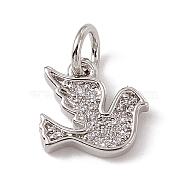 Brass Micro Pave Cubic Zirconia Charms, with Jump Ring, Bird Charm, Platinum, 9x10x1.5mm, Hole: 3mm(ZIRC-F132-29P)
