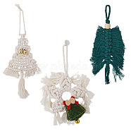 Crafans 3Pcs 3 Style Christmas Theme Cotton Weave Pendant Decorations, Leaf & Tree with Tassel & Balls, for Wedding Festival Party Decoration, Mixed Color, 1pc/style(HJEW-CF0001-13)