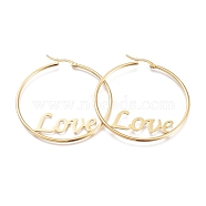 304 Stainless Steel Hoop Earrings, for Valentine's Day, Ring Shape with Word Love, Golden, 12 Gauge, 53x58x2mm, Pin: 1x0.5mm(EJEW-E261-34G)