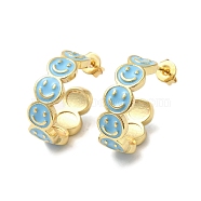 Smiling Face Real 18K Gold Plated Brass Stud Earrings, Half Hoop Earrings with Enamel, Light Blue, 19x6mm(EJEW-L268-016G-01)