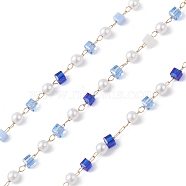 Cube & Round Glass & ABS Imitation Pearl Beaded Chains, Unwelded, with 304 Stainless Steel Link Chains, Golden, Medium Blue, 2.5~3x2.5~3x2.5mm(CHS-P016-43G-05)