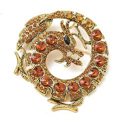 Alloy Rhinestone Lapel Pin Brooches, Dragon, Antique Golden, Topaz, 64x55mm(RB-CBAE32B-02AG)