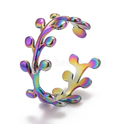 Rainbow Color Ion Plating(IP) 304 Stainless Steel Leaf Wrap Open Cuff Ring for Women, US Size 7 1/4(17.5mm)(RJEW-A005-02)