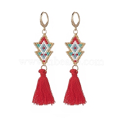 Glass Seed Braided Arrow Dangle Leverback Earrings, Bohemia Long Tassel Drop Earrings for Women, Red, 73mm, Pin: 0.6mm(EJEW-MZ00032)