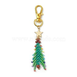 Christmas Tree Glass Seed Beads Pendant Decoration, Natural Red Jasper and Alloy Swivel Clasps Charm for Bag Ornaments, Golden, 92mm(HJEW-MZ00070)