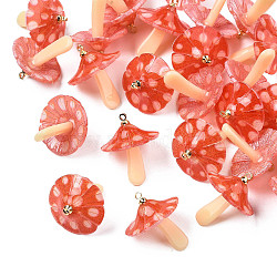 Plastic Pendants, with Acrylic and Golden Plated Brass Loops, Mushroom, Orange Red, 23x17~18mm, Hole: 1.5mm(KY-N015-118B-01)