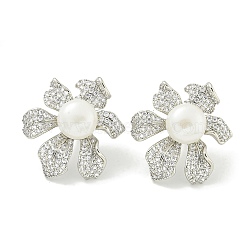 Rack Plating Brass Micro Pave Clear Cubic Zirconia Stud Earrings, with Shell Pearl, Flower, Platinum, 34.5x31.5mm(EJEW-H014-11P)