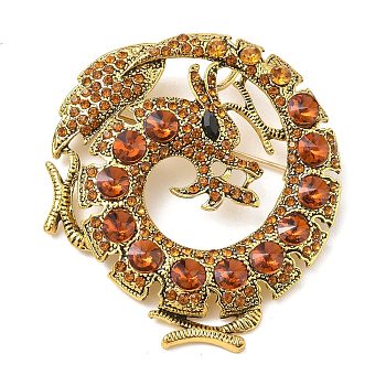 Alloy Rhinestone Lapel Pin Brooches, Dragon, Antique Golden, Topaz, 64x55mm