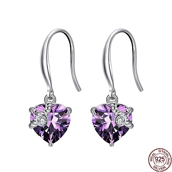 Cubic Zirconia Heart Dangle Earrings, Real Platinum Plated Rhodium Plated 925 Sterling Silver Earrings for Women, Dark Orchid, 26mm