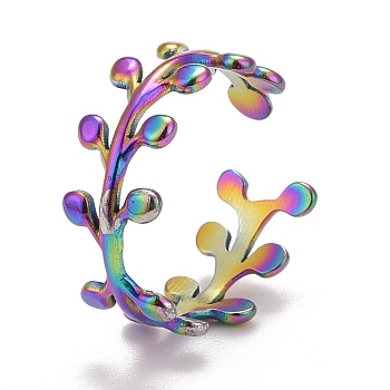Rainbow Color Ion Plating(IP) 304 Stainless Steel Leaf Wrap Open Cuff Ring for Women, US Size 7 1/4(17.5mm)