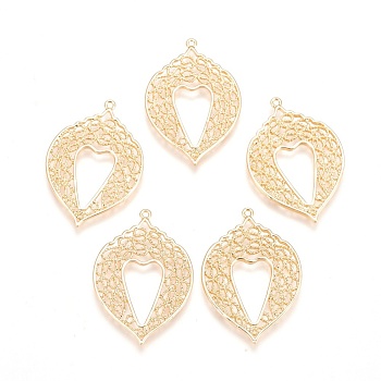 Brass Pendants, Nickel Free, Teardrop with Heart, Real 18K Gold Plated, 34x23.5x1mm, Hole: 1.2mm