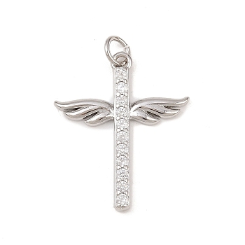 Brass Micro Pave Cubic Zirconia Pendants, Cross, Cadmium Free & Lead Free, Rack Plating, Long-Lasting Plated, with Jump Ring, Platinum, 25x20.5x2mm, Hole: 3.4mm