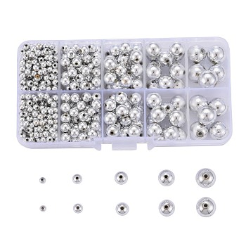 5 Sizes Plating Acrylic Beads, Round, Silver Color Plated, 4~12mm, Hole: 1mm, 542pcs/Box