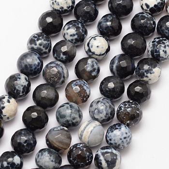 Natural Fire Crackle Agate Bead Strands, Round, Faceted, Dyed & Heated, Black, 10mm, Hole: 1mm, about 37pcs/strand, 15 inch
