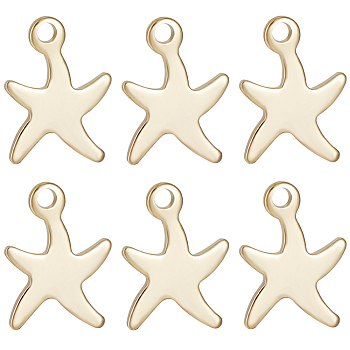 50Pcs 304 Stainless Steel Charms, Starfish/Sea Stars, Real 18K Gold Plated, 11x9x0.8mm, Hole: 1mm