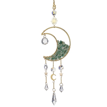 Wire Wrapped Natural Green Aventurine Chip & Brass Moon Pendant Decorations, with Glass Cone Charms, for Home Decorations, 420mm