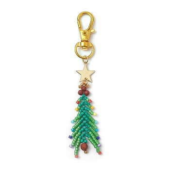 Christmas Tree Glass Seed Beads Pendant Decoration, Natural Red Jasper and Alloy Swivel Clasps Charm for Bag Ornaments, Golden, 92mm