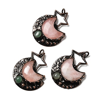 Natural Rose Quartz & Green Aventurine Big Pendants, Star & Moon Charms, with Red Copper Plated Brass Findings, Cadmium Free & Lead Free, 57~58.5x44.5~45.5x8~8.5mm, Hole: 6mm