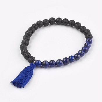 Natural Lapis Lazuli Stretch Bracelets, with Lava Rock and Cotton Thread Tassel, 2-1/8 inch(5.5cm)