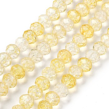 Transparent Crackle Glass Beads Strands, Rondelle, Faceted, Yellow, 8x6mm, Hole: 1.2mm, about 65pcs/strand, 15.55 inch(39.5cm)