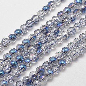 Electroplate Crackle Glass Round Bead Strands, Half Rainbow Plated, Royal Blue, 8mm, Hole: 1mm, about 50pcs/strand, 15.7 inch