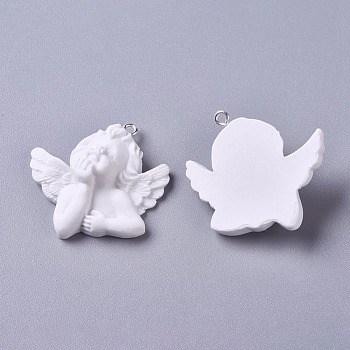 Resin Pendants, with Platinum Plated Iron Screw Eye Pin Peg Bails, Angel, White, 34.5x33.5x11.5mm, Hole: 1.5mm