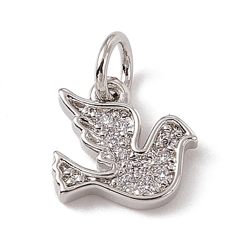 Brass Micro Pave Cubic Zirconia Charms, with Jump Ring, Bird Charm, Platinum, 9x10x1.5mm, Hole: 3mm