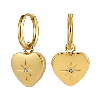 Titanium Steel Heart with Sun Dangle Hoop Earrings for Women, Golden, 26x15mm