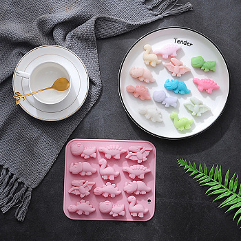 Cartoon Dinosaur Food Grade Silicone Molds, Fondant Molds, for DIY Cake Decoration, Chocolate, Candy, UV Resin & Epoxy Resin Making, Pink, 147x167x15mm, Hole: 6.5mm, Inner Diameter: 25~36x36~49mm
