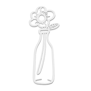 201 Stainless Steel Pendants, Laser Cut, Vase with Flower, Stainless Steel Color, 39x14.5x1mm, Hole: 1.6mm