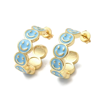 Smiling Face Real 18K Gold Plated Brass Stud Earrings, Half Hoop Earrings with Enamel, Light Blue, 19x6mm