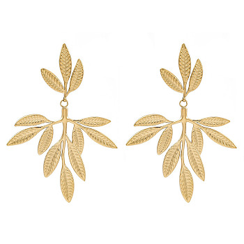 304 Stainless Steel Leaf Theme Stud Earrings For Women, Real 18K Gold Plated, 65x44mm