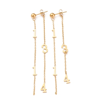 Valentine's Day 304 Stainless Steel Dangle Stud Earrings, Chain Tassel Earrings, with Ear Nuts, Number 1314, Golden, 92x1mm, Pin: 0.8mm