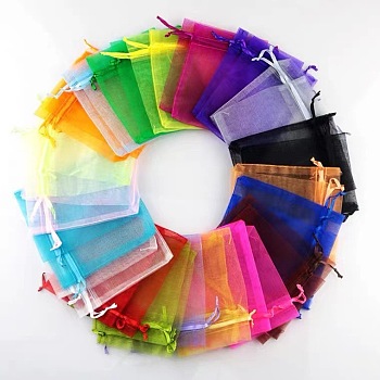 Rectangle Organza Drawstring Bags, Mixed Color, 9x7cm