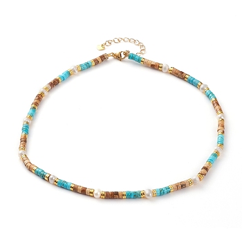 Natural Picture Jasper & Turquoise Beaded Necklaces, with Electroplated Non-magnetic Synthetic Hematite Beads, Natural Pearl Beads and 304 Stainless Steel Lobster Claw Clasps, Golden, 16.53 inch(42cm)