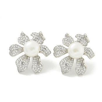 Rack Plating Brass Micro Pave Clear Cubic Zirconia Stud Earrings, with Shell Pearl, Flower, Platinum, 34.5x31.5mm