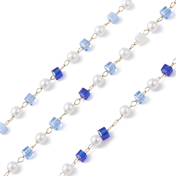 Cube & Round Glass & ABS Imitation Pearl Beaded Chains, Unwelded, with 304 Stainless Steel Link Chains, Golden, Medium Blue, 2.5~3x2.5~3x2.5mm