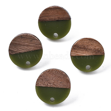Stainless Steel Color Dark Olive Green Flat Round Resin+Wood Stud Earring Findings