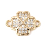Brass Micro Pave Clear Cubic Zirconia Connector Charms, Cadmium Free & Nickel Free & Lead Free, Clover, Real 18K Gold Plated, 11x15.5x2.5mm, Hole: 1.6mm(KK-R219-08G)