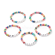 Acrylic Beads Letter Stretch Bracelets, Kids Bracelets, with Natural Wood Beads, Mixed Color, Inner Diameter: 1-7/8 inch(4.8cm)(BJEW-JB07021)