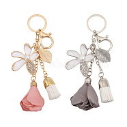 2Pcs 2 Colors Flower Keychain Rhinestone Tassel Leaf Key Ring, for Women Wallet Bag Pendant Charms, Platinum & Light Gold, 14.8cm, 1pc/color(KEYC-CA0001-44)
