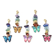 Butterfly Alloy Enamel Pendant Decorations, with Chakra Natural Gemstone Chips and 304 Stainless Steel Lobster Claw Clasps, Mixed Color, 57mm, 5 colors, 1pc/color, 5pcs/set(HJEW-JM01192-01)