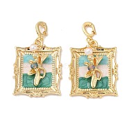 Brass Random Color Glass Pendants, Rectangle with Flower, with ABS Imitation Pearl & Enamel & Loop, Real 18K Gold Plated, 33.5x26.5x7.5mm, Hole: 5.5x5mm(KK-Q030-05B-G)