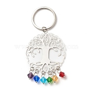 201 Stainless Steel Filigree Pendants Keychains, with 6 Color Bicone Glass Beads, 304 Stainless Steel Split Key Rings & Open Jump Rings, Tree of Life, Stainless Steel Color, 5cm(KEYC-JKC00294)